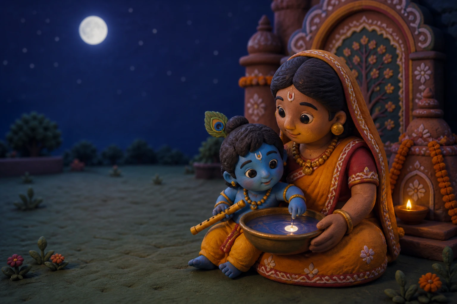 Story artwork for Little Krishna and the Moon: young Krishna reaching towards a silver moon